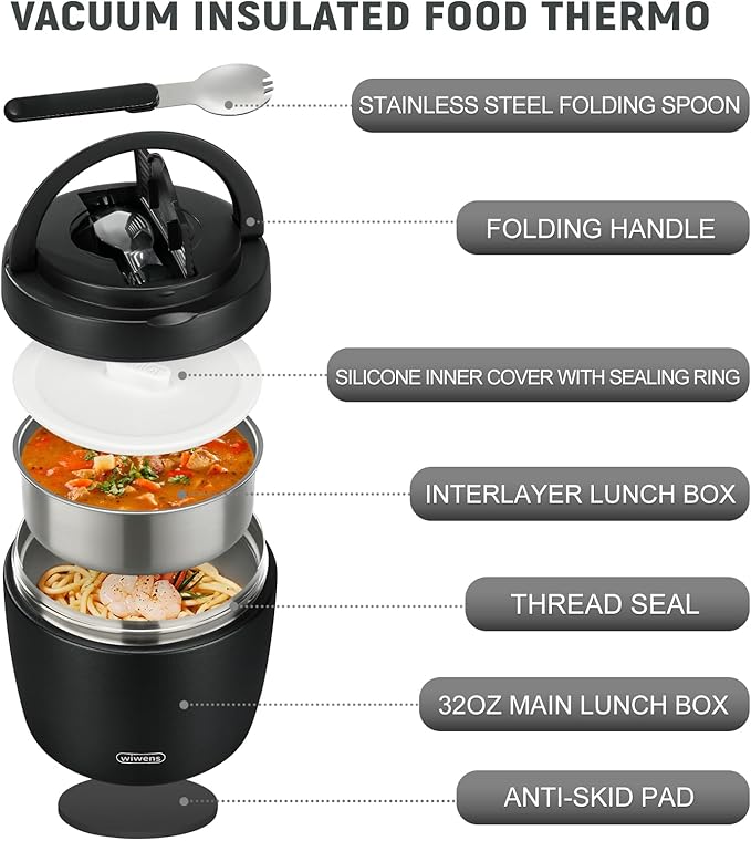 wiwens Thermo Food Jar for Hot Food Adults 32OZ Soup Thermo Lunch Containers Wide Mouth Vacuum Insulated Stainless Steel Leakproof Bento Box with Spoon (Black)