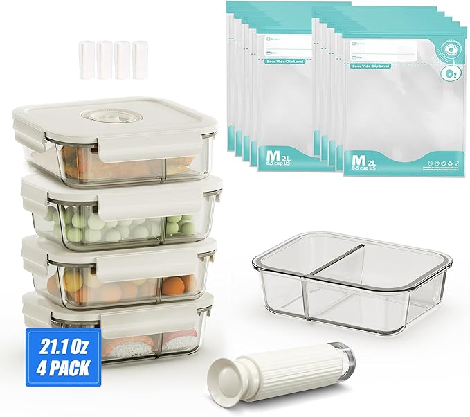 Vacuum Sealer & Food Storage Container for Food, Handheld Vacuum Pump For Glass Vacuum Storage Containers|2 compartment [21 Oz-4 PACK] & 10 Reusable Food Saver Sealer Bags[8.5 Cups]