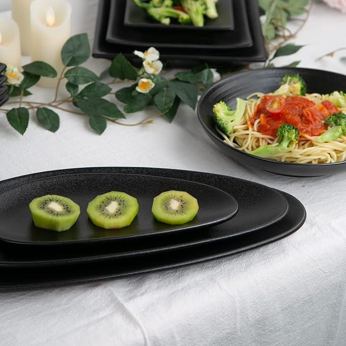 vicrays Large Oval Serving Platters, 16"/14"/10" Porcelain Serving Platters for Party, BBQ,Stackable Serving Trays Serving Plates for Appetizers, Sushi, Restaurant, Set of 3 (Black)`
