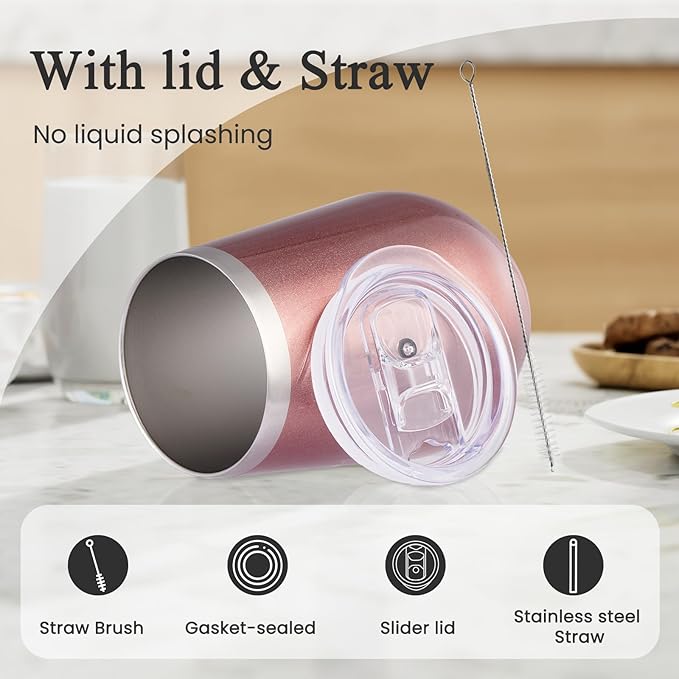 MEWAY Stainless Steel Wine Tumbler with Lid and Straw 12oz - Stemless Insulated Wine Cup Glasses for Coffee,Cocktails,Drinks, and Office Use, Ideal for Parties and Gifts(Rose Gold, Set of 12)