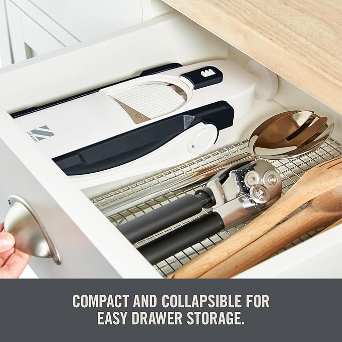 Zakarian by Dash Safe Slice® Mandoline - Features Thickness Adjuster, Stainless Steel Blades, and Foldable, Easy-To-Store Design - Black