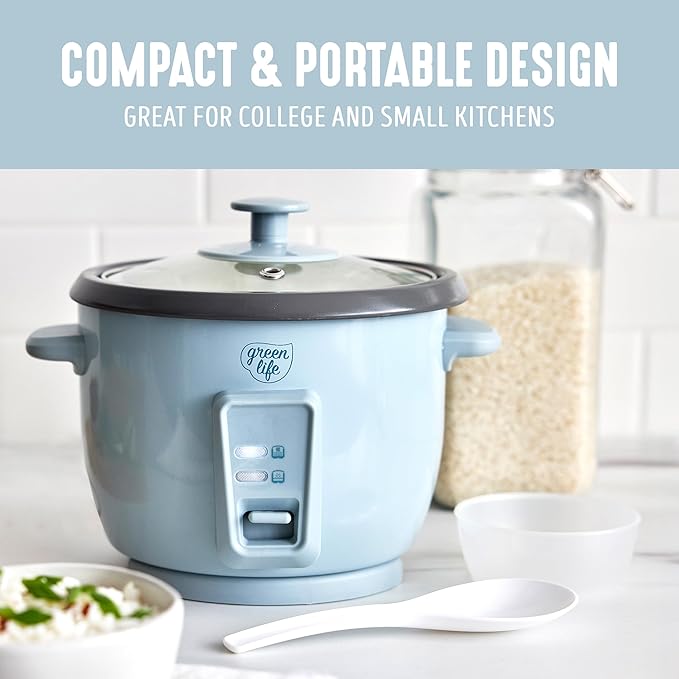 GreenLife Rice Cooker with Removable PFAS-Free Ceramic Nonstick Pot, 3-Cups Uncooked/6-Cups Cooked, Grains & Oatmeal Multicooker, Compact One-Switch Design, Auto Keep Warm, Easy Clean, Blue Haze