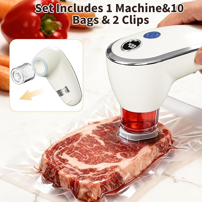 Handheld Compact Vacuum Sealer for Food, Long-Lasting Fast-Sealing Portable Food Saver with Battery Display, Dry/Moist Modes, Includes 10 Reusable Bags for Sous Vide, Meat, Leftovers, Easy Clean