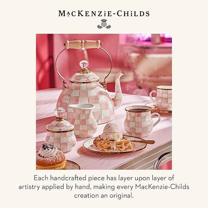 MACKENZIE-CHILDS Enamel Cake Carrier, Cake-Dish Serving Platter with Lid and Handles, Pink-and-White Rosy Check