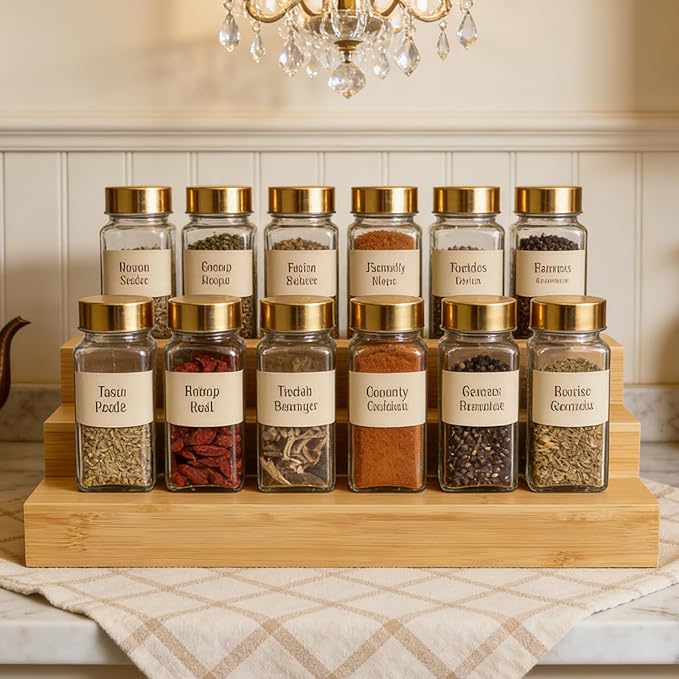 Spice Rack Organizer for Cabinet, Bamboo Spice Shelf 3 Tier Step for Cabinet & Countertop, Kitchen Pantry Storage for Seasonings, 2 Pack