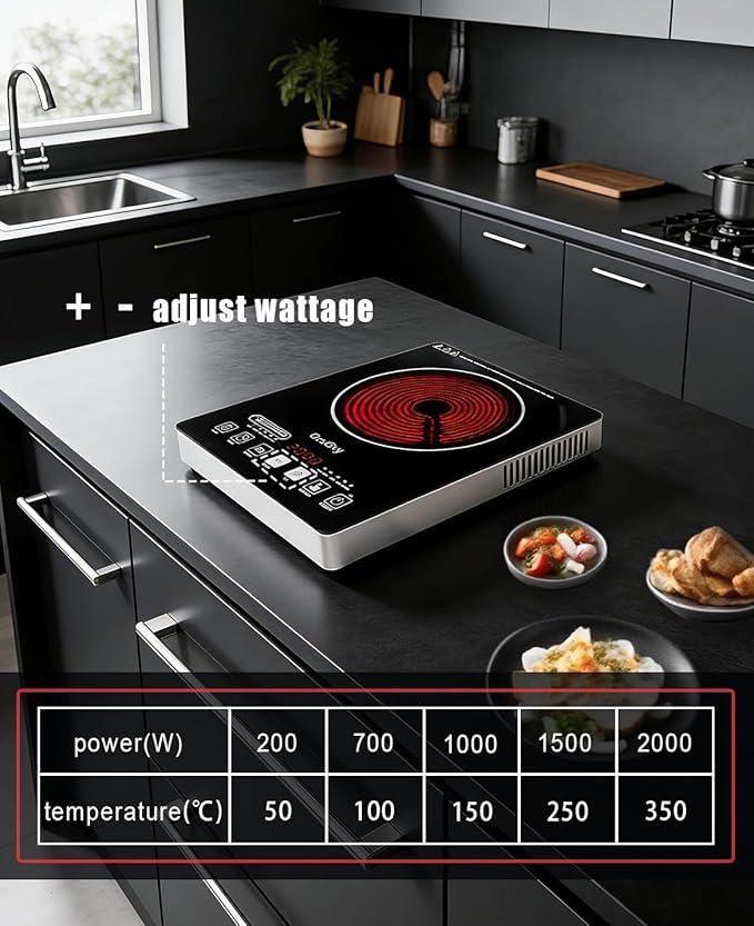 Portable Infrared Burner 2000W Electric Burner with 3 Hours Timer-Electric Hot Plate Touch Control Panel Adjustable Heating Power Glass Plate Electric Cooktop for Cooking (Black 2)