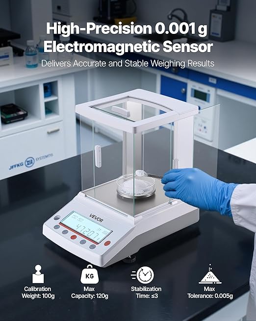 VEVOR Analytical Balance, 120 g x 0.001 g High Precision Accuracy Lab Scale, g/oz/ct/mg 4 Units Electronic Digital Analytical Balance with Glass Draft Shield, for Laboratory Jewelry Pharmacy