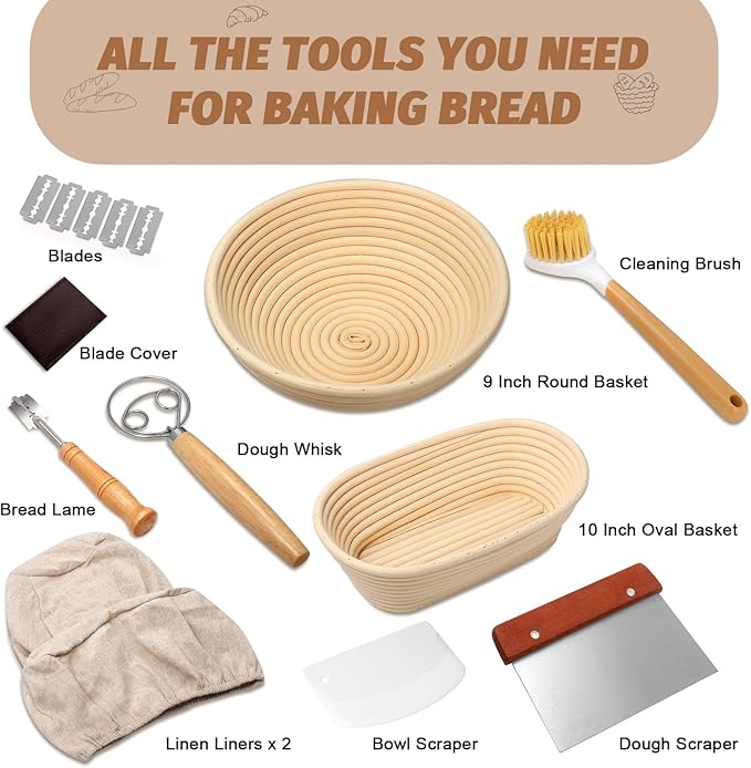 Sourdough Proofing Basket Gift Set, 9" Round and 10" Oval Banneton Bread Baking Supplies, Sourdough Baskets with Bread Lame, Danish Whish, Bowl Scraper, Sourdough Scraper, and Linen Liner