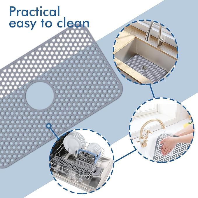 Bestjing Silicone Sink Mat - 24.8''x13'' Sink Protector for Kitchen Sink with Center Drain - Kitchen Grid Accessory, Non-slip Heat Resistant Mat for Bottom of Farmhouse Stainless Steel (Center Hole)