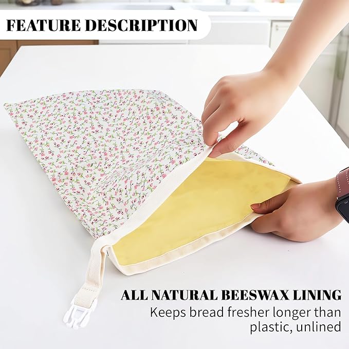 2 Pack Beeswax Bread Bags - 17x13 Inch Reusable Bread Storage Bags,Bees Wax Lined Bread Bags for Home Cooks fresh bread storage Easy Clean (Pink Floral)