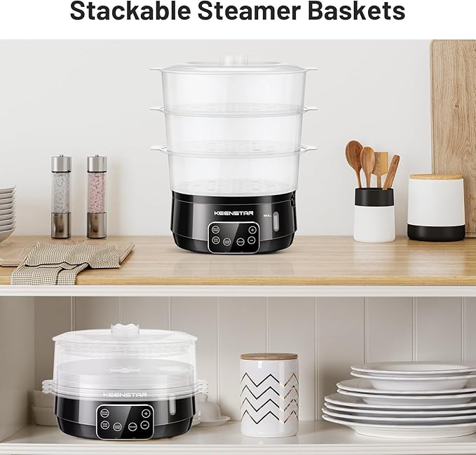 13.7QT Electric Food Steamer for Cooking, Vegetable Steamer with 3 Tiers BPA-Free Baskets, Digital Steamer with Appointment, 800W Fast Cooking, Ideal for Veggies Seafood Rice Black