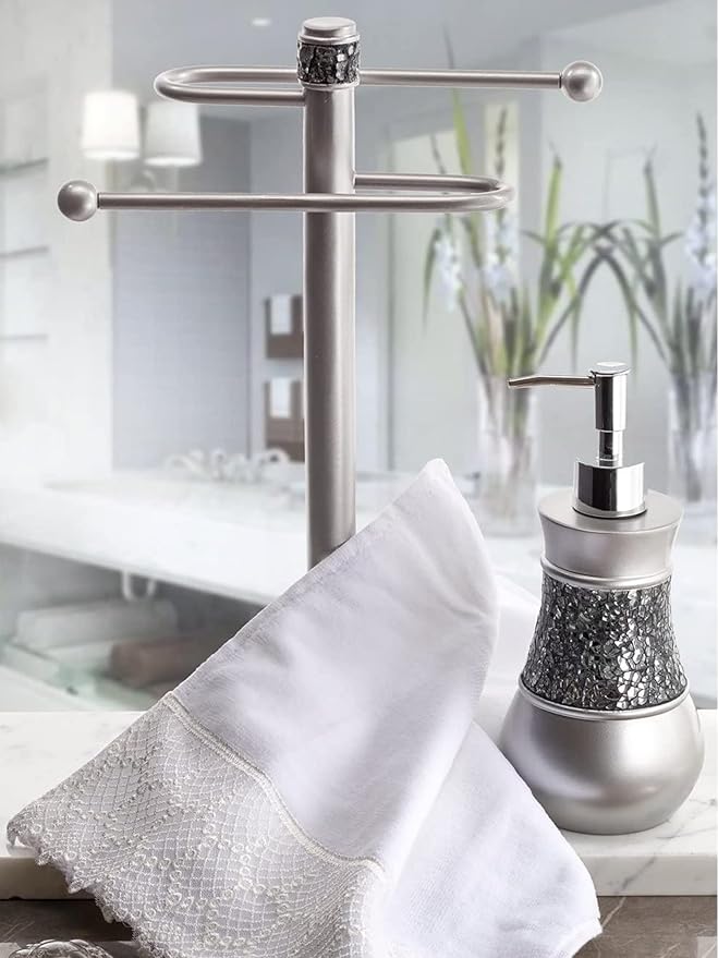 Creative Scents Crackled Glass Silver Hand Soap Dispenser for Bathroom, Decorative Countertop Lotion Dispenser, Elegant Liquid Soap Dispenser with Sturdy Pump for Classic Bathroom Décor