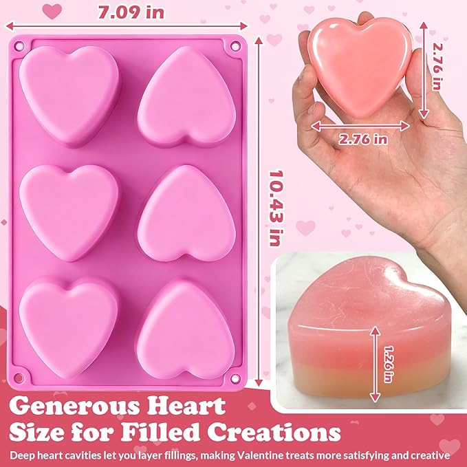 HKNMTT Heart Silicone Molds Valentine's Day for Baking Cake Chocolate Cocoa Bomb, Love Shaped Jello Chocoflan Oreo Moulds, 6 Cavity 2 Pack Soap Craft Oven Safe DIY Handmade Gift Pan
