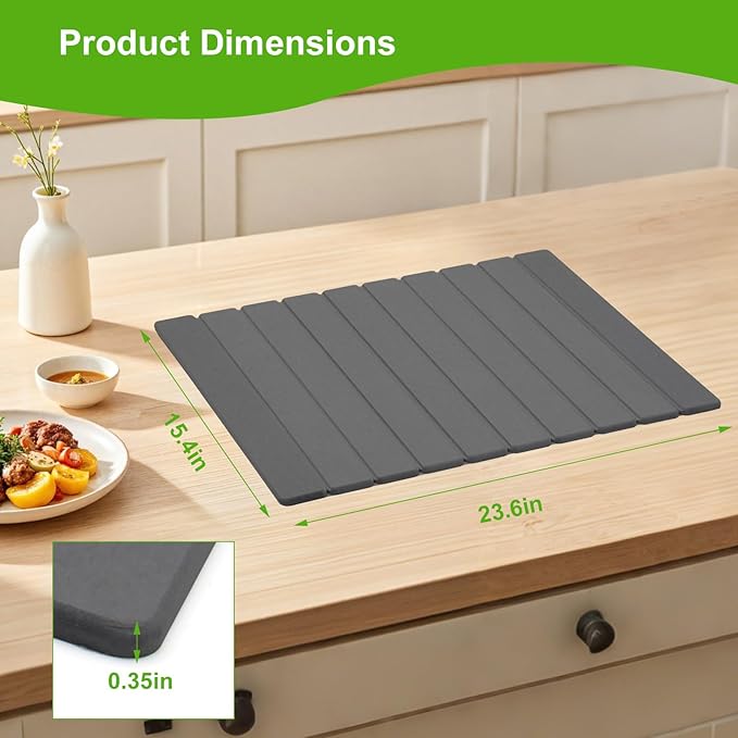 Stone Drying Mat for Kitchen Counter, Large Dark Gray Foldable Diatomaceous Earth Dish Drying Mat, Quick-Dry Absorbent Bath & Countertop Mat for Dishes Bottles Cups（23.6"x15.4"）