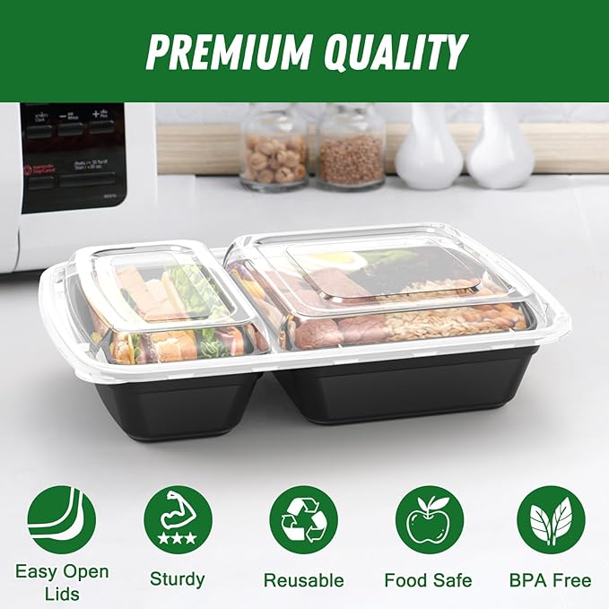 Dealusy 50 Pack (100-Piece) 28 oz Meal Prep Containers Reusable with Lids 2-Compartment, Sturdy Leakproof Food Safe, Microwave Freezer Dishwasher Safe, To Go Take Out Plastic Food Storage, Black
