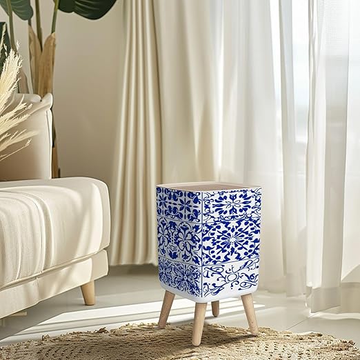 Small Trash Can with Lid Set 16 Tiles Azulejos Blue White Original Traditional Portuguese Spain Wastebasket with Press Cover Dog Proof Garbage Can Waste Bin for Kitchen Bathroom Nursery 2.6 Gallon