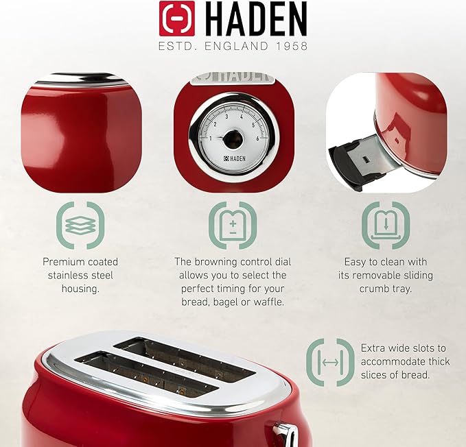 Haden Dorset 2 Slice Wide Slot Stainless Steel Toaster with Adjustable Browning Control & Non-Slip Feet, Rectory Red