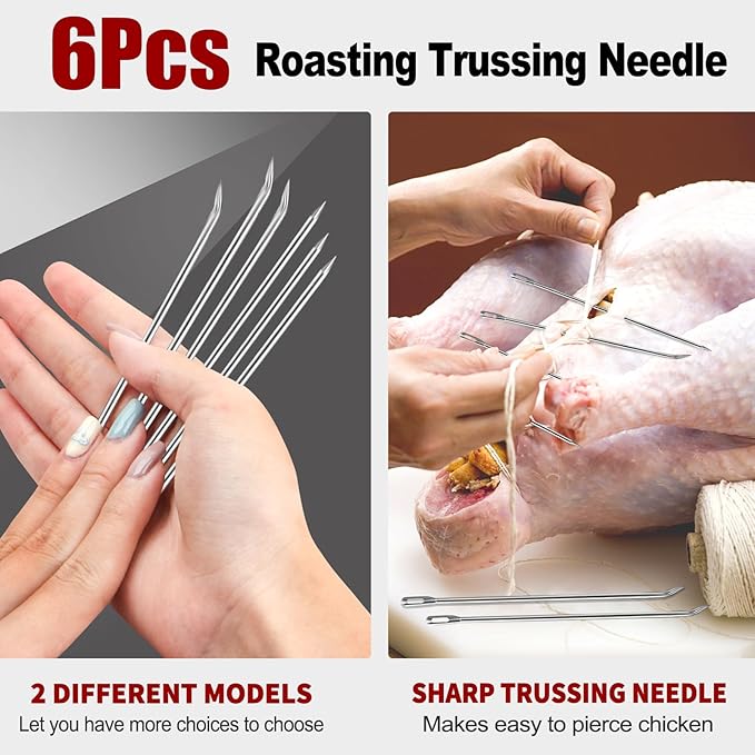 Ofargo Meat Trussing Needles, Roasting Trussing Needles for Lacing Roast Turkey, Chicken, Pork Skin, Whole Hog, Lamb, and Rotisserie Pig; 3pcs Curved Needles and 3pcs Straight Needles; 6pcs in All