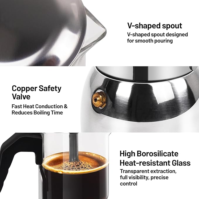 6 Cup Glass Clear Moka Pot Thickened 304 Stainless Steel Stovetop Espresso Maker Italian Coffee Machine 300ml 10.6oz Classic Mocha Cafe Greca Coffee Suitable for Gas Induction
