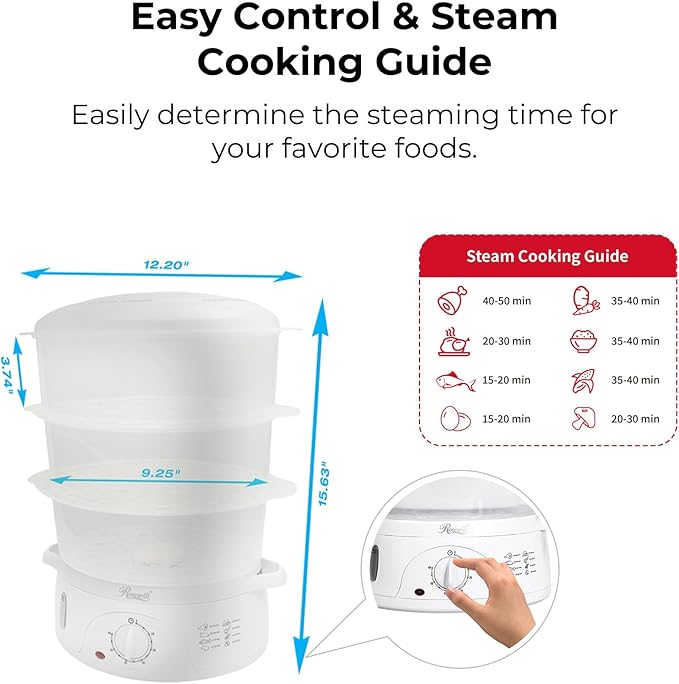 Rosewill Electric Food Steamer with 3 Tiers BPA-Free Stackable, Dishwasher Safe Baskets, 800W with fast steam heating within 40s, Auto shut-off and 60-min timer, 9.5 Quarts Capacity - White