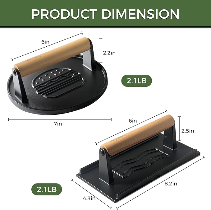 Cast Iron Smash Burger Press (2PCS),Grill Bacon Meat Press Tool,Perfect for Blackstone, Camp Chef, Weber Grills & Indoor Griddles – BBQ & Cookout Must-Have (Round & Rectangle (Flat Bottom)