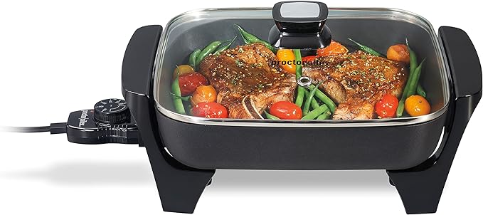 Proctor Silex Electric Skillet with Lid, 116 sq. in. Nonstick Cooking Surface for Frying, Sauteing, Simmering and Braising, Adjustable Temp 200° to 400° F, Black (38526PS)