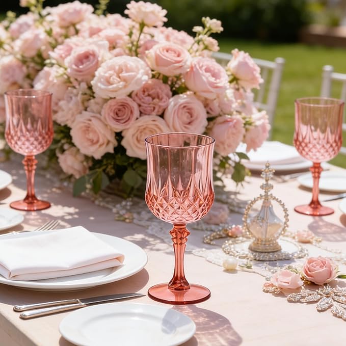 Plastic Wine Glasses, Plastic Goblets Vintage Style Cordial Unbreakable Drinking Glasses, Reusable Drinkware for Wedding Reception, Grand Event Party Supplies (24, Rose Gold)