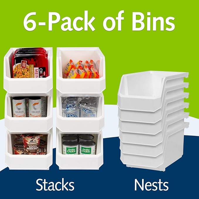 Large Plastic Containers for Organizing and Storage Bins for Closet, Kitchen, Office, or Pantry Organization, 14.75" x 8" x 7", 6-Pack, White, Large