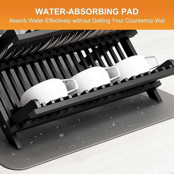 Greenual Black Bamboo Dish Drying Rack with Utensil Holder, 3 Tier Collapsible Dish Rack, Wooden Dish Racks for Kitchen Counter, Large Folding Drying Holder with Absorbent Dish Drying Mat