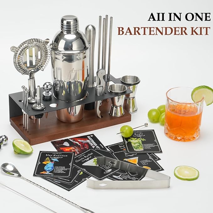 23-Piece Bartender Kit, Cocktail Shaker Set with Stand | Bar Set Drink Mixer Set with All Essential Bar Tools: Martini Shaker,Bar Mixer Spoon, Jigger, Strainer, Muddler, Pourers, for Home, Bar, Party