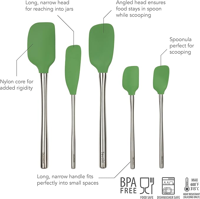 Tovolo Stainless Steel Handled Silicone Spatula Set of 5 Pesto Green, Dishwasher Safe Kitchen Spatula Set for Cooking Baking, Non Toxic BPA Free Silicone Spatula set with Metal Steel Handle