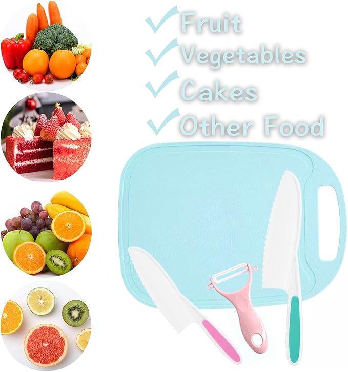 4 Pieces Kids Knife Set for Real Cooking, Toddler Knife Set with Ceramic Peeler for Kitchen, Kids Cutting Board and Safe Plastic Knives for Cutting Cakes, Fruit, Veggies & Bread