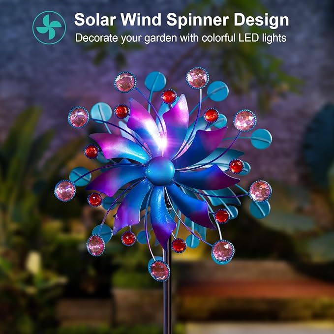 Solar Wind Spinner for Yard and Garden – 61 Inch Outdoor Metal Kinetic Sculpture with Multi-Color LED Glass Ball Light – Waterproof Windmill Stake for Patio, Lawn, and Pathway Decoration (Blue)