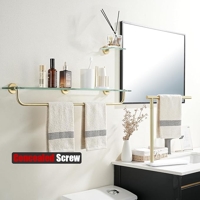 JQK Bathroom Glass Shelf, Shelf with 29 Inch Towel Bar Tempered Glass Shower Storage 30 by 5 inches, 304 Stainless Steel Brushed Gold Wall Mount, TGS100L30-BG