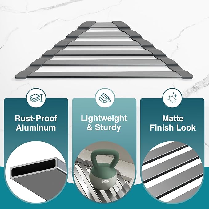 COOL-ANGLE Corner Sink Drying Rack, 16"x9.5" Rust-Proof Aluminum Triangular Dish Drainer, Heat Resistant Roll Up Mat for Kitchen Counter, Sponge Holder & Organizer with Non-Slip Silicone Base, Gray