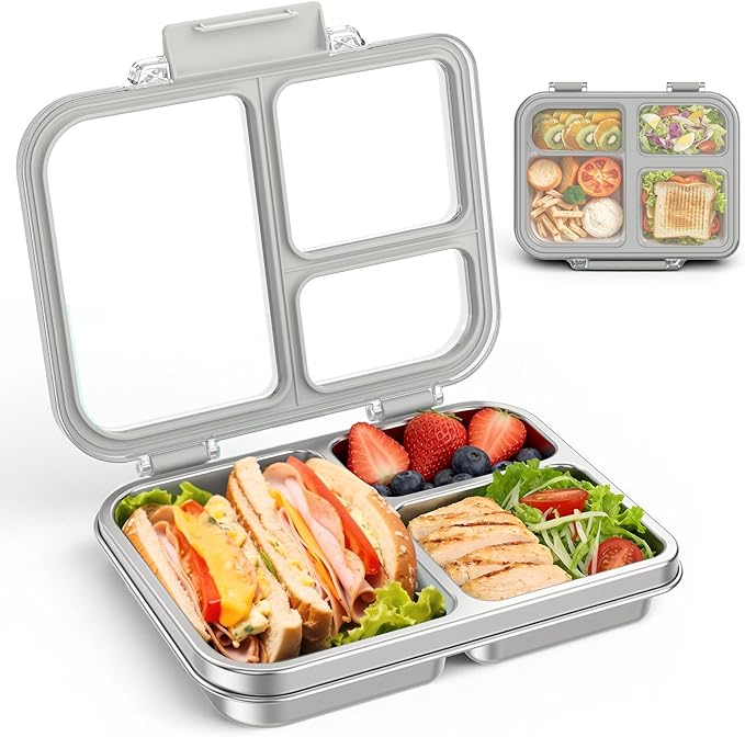 BABHAMNESS Stainless Steel Bento Lunch Box for Kids Adults, 3 Compartments Metal Bento Box with Transparent Lid & Silicone Container for Kids,Dishwasher-Safe,School & Travel,BPA-Free(Grey)
