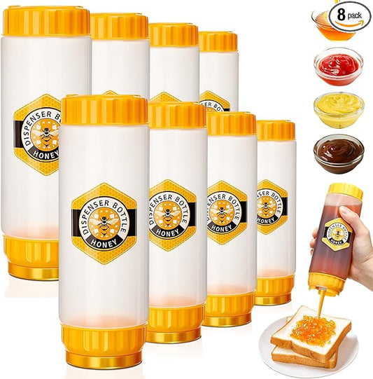 SiliFine 8 Pcs Honey Dispenser No-drip with Lid, Honey & Syrup Squeeze Bottle, Refillable Condiment Bottle Bpa-free, More Hygienic for Sauces Ketchup Kitchen Pancakes Salad Dressings (18 oz)