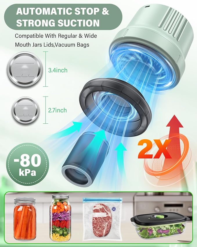 Mason Jar Vacuum Sealer Kit-Full-Automatic-Jar-Sealer-Vacuum-Sealing,3 in 1 Cordless Canning Jar Vacuum sealer with Wide&Regular Mouth Mason Lids/Reusable Vacuum Bags/Food Saver Vacuum Sealer for Jars