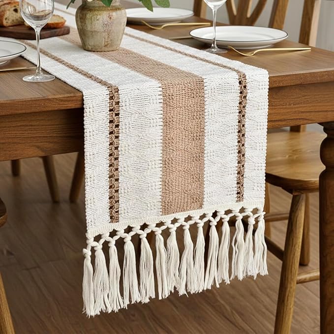 FEXIA Boho Table Runner with Tassels 12x90 Inches for Home Decor Farmhouse Rustic Macrame Burlap Table Decoration for Pottery Barn Furniture, Living Room and Dining Room