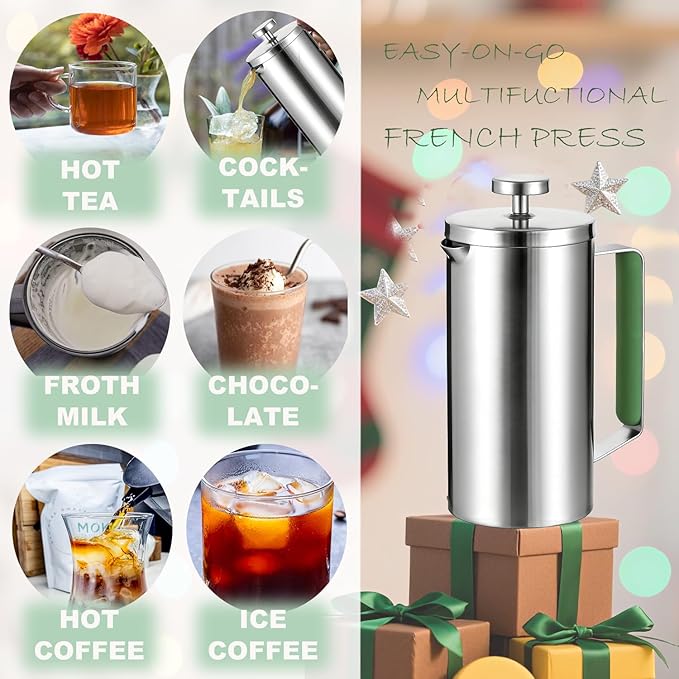 Stainless Steel French Press Coffee Maker 21OZ(0.6 Litre), Camping Coffee Press with Green Handle for Personal, Office, Travel(Sanding Silver, 1-3 Cups)