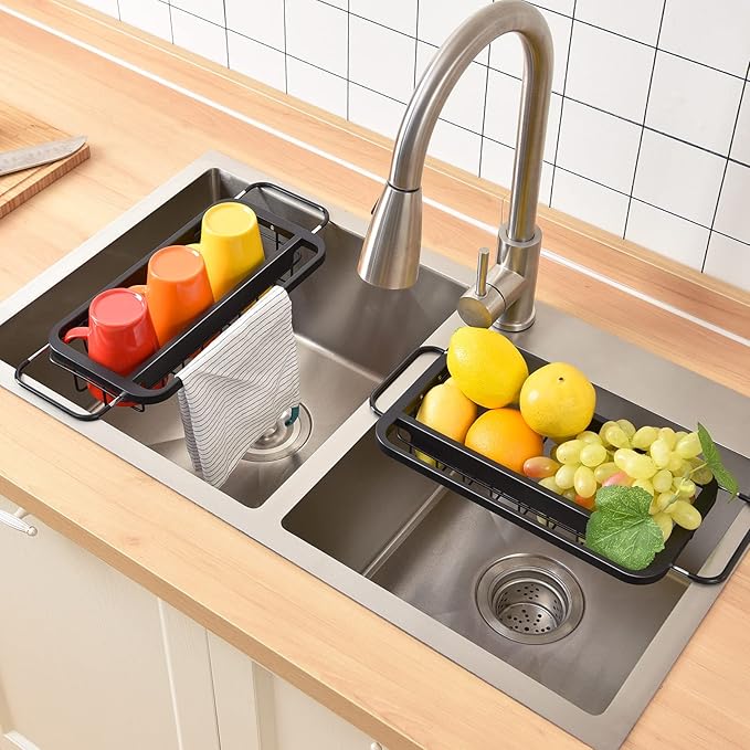 TOOLF Expandable Sink Caddy with Dish Towel Bar, Adjustable Over-The-Sink Organizer for Kitchen, Rustproof Sponge Holder and Drying Rack