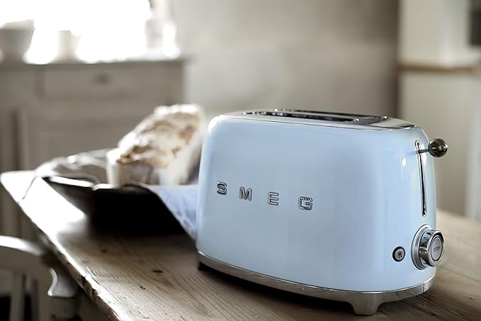 SMEG 2 Slice Toaster with 6 Presets and Defrost Function and Removable Crumb Tray TSF01PBUS, Pastel Blue