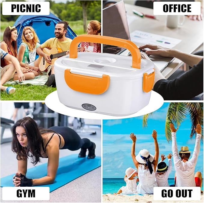 INVODA Electric Lunch Box 110V Food Heating Lunch Hot Box Portable Insulated Bento Box Electric Lunch Container for Office Travel Home (Orange)