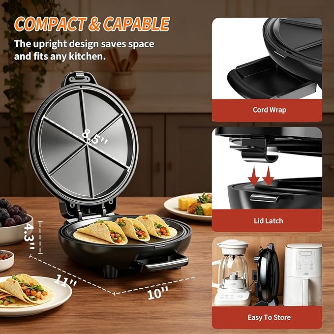 Electric Quesadilla Maker, 9.5'' Quesadilla Press with Extra Stuffing Latch, Easy Slice 6 Wedge, Grilled Cheese Corn Flour Tortilla Snacks, Nonstick Plates, Easy to Clean, Non-Slip Feet, Black