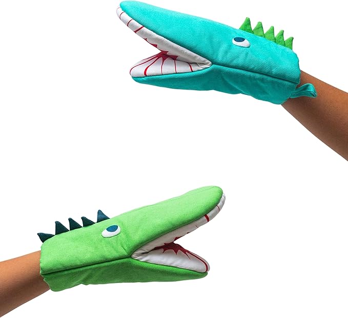 Handstand Kitchen Child's 100% Cotton Shell Dinosaur Shaped Pair of Oven Mitts