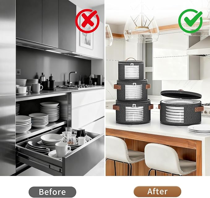 4 Piece China Storage Containers, Dish Storage Containers with Clear Windows, Hard Shell Plate Organizer with Handles, Stackable Moving Boxes for Dishes, Glassware, Dinnerware, Plates, Dark Gray