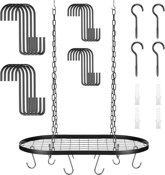 Patelai 20 Inch Pots and Pans Organizer Hanging Rack Pot and Pan Organizer with 20 S Hooks for Home, Restaurant, Kitchen Cookware, Utensils, Books, Household(Black)