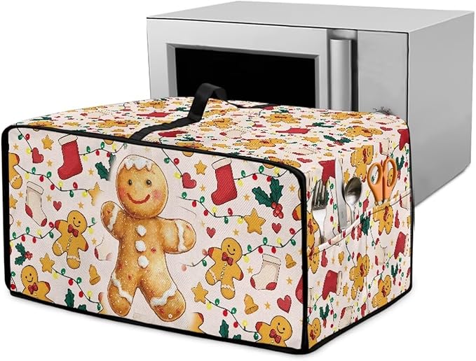 Countertop Convection Oven Cover Dust-Proof Toaster Oven Cover with Accessories Pockets, Countertop Convection Oven Protector, S, Gingerbread Man Christmas String Lights