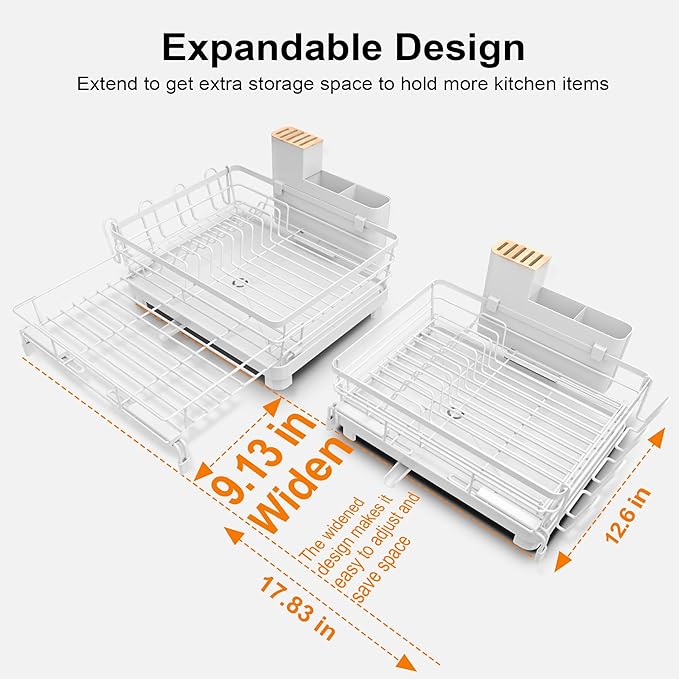 Runnatal Dish Drying Rack, Extendable Dish Rack Over Sink, Large Stainless Steel Dish Strainer with Drainboard, Utensil Holder & Cup Holder for Kitchen Counter, White