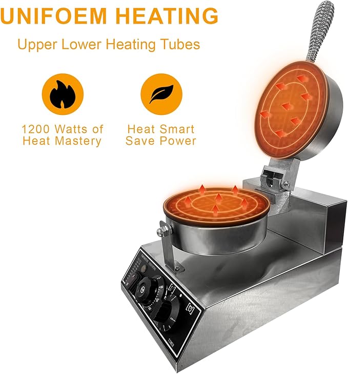 Commercial Waffle Maker, 1200W Stainless Steel Nonstick Round Waffle Iron with 122℉ to 572℉ Temp Range & Time Control, for Household Bakeries Snack Bar